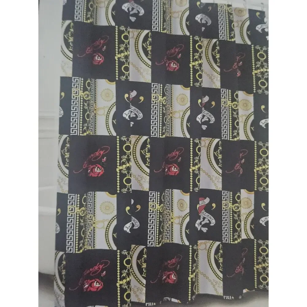 Ed Hardy 14 piece shower curtain set black gold love kills slowly NWT gold chain
